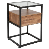Flash Furniture NAN-JN-28102E-GG Cumberland Collection Glass End Table with Drawer and Shelf in Rustic Wood Grain Finish